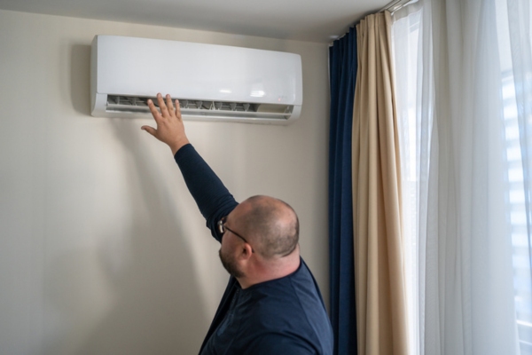 homeowner examining ductless air conditioner due to unstable pressure