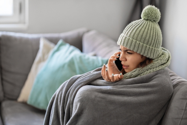 woman on the phone while feeling cold indoors due to furnace breakdown