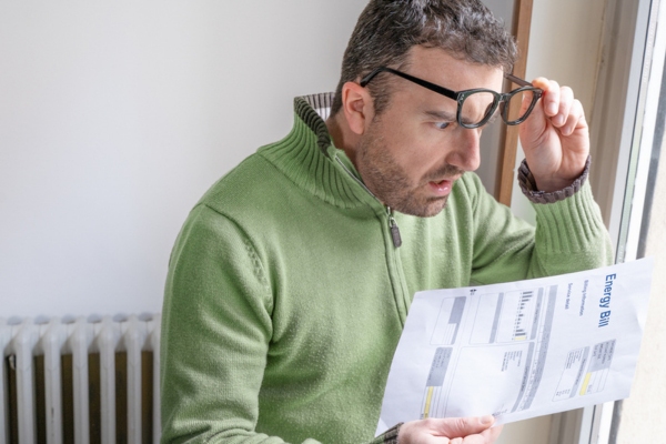 man looking surprised at energy bill depicting air leaks