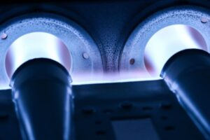 closeup view of gas furnace burner
