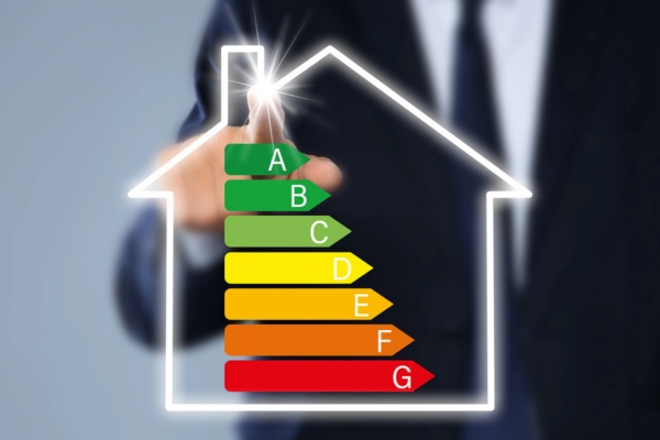 man pressing virtual screen button with energy efficiency meter depicting BTUs and AFUE Ratings