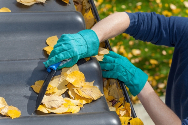 man cleaning the roof gutters clearing leaves