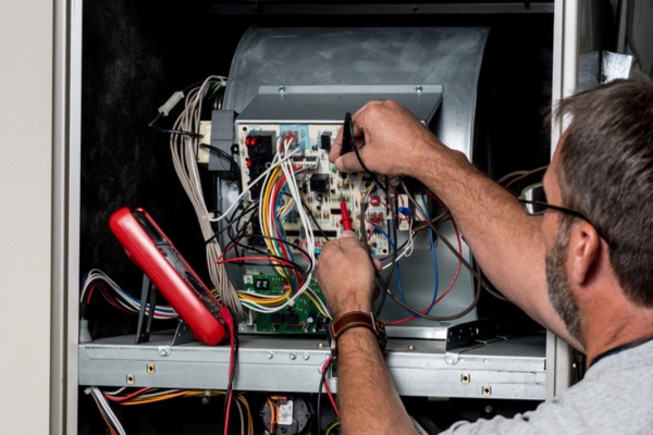 HVAC technician repairing an overheating furnace