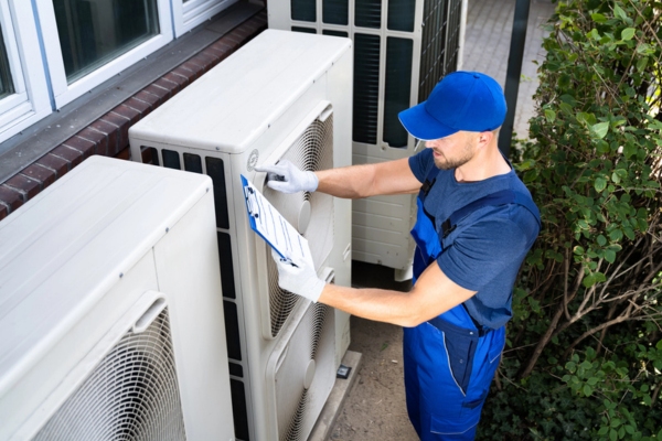 technician inspecting air conditioner outdoor units